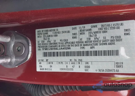 2020 Ford Escape Sel from USA, damaged, VIN 1FMCU9H94LUA45296